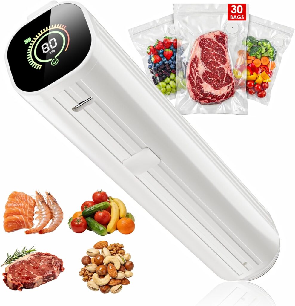 A white vacuum sealer machine with a digital display is shown. Surrounding it are vacuum-sealed bags of assorted foods, including raw steak, mixed vegetables, fruits, nuts, shrimp, fish, and a bundle labeled "30 bags.