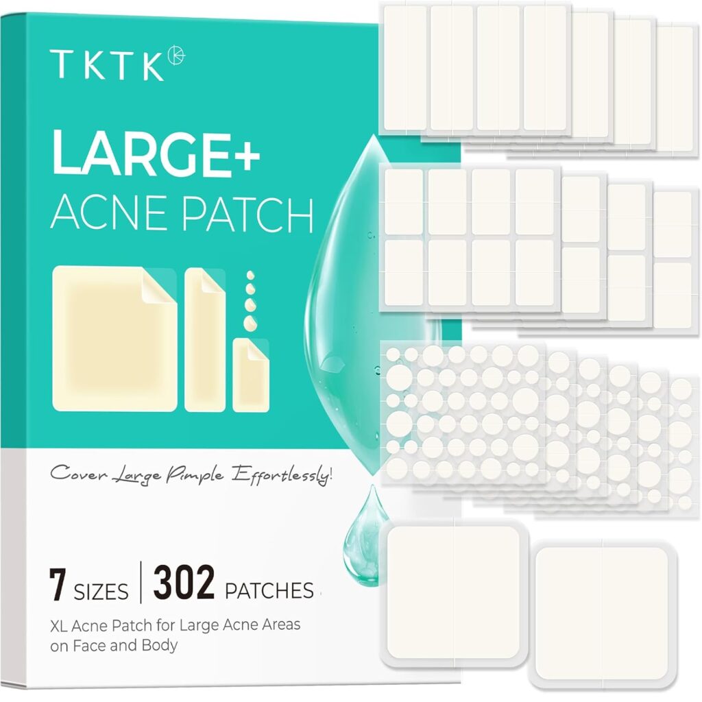Box of TKTK Large+ Acne Patch with 302 patches in 7 sizes, shown with multiple clear patches displayed in sheets for face and body, designed to cover large pimples.