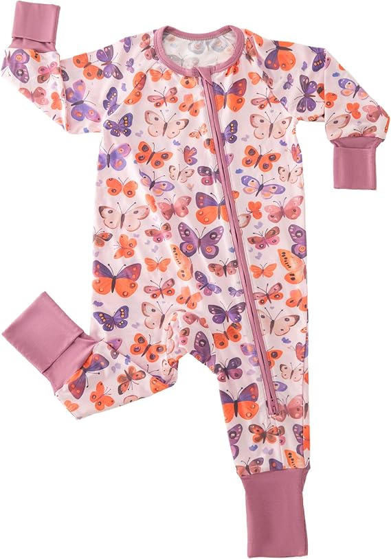 A long-sleeved baby romper with pink cuffs and a zip-up front, decorated with a colorful butterfly pattern in shades of pink, purple, and orange.