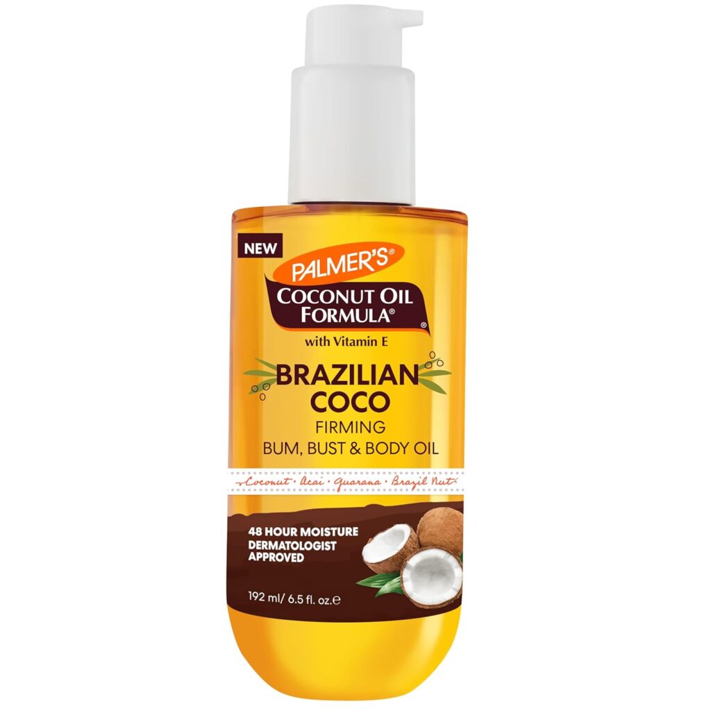 A bottle of Palmer's Coconut Oil Formula Brazilian Coco Firming Bum, Bust & Body Oil with a white pump, featuring coconut imagery and product details on the yellow-and-brown label.
