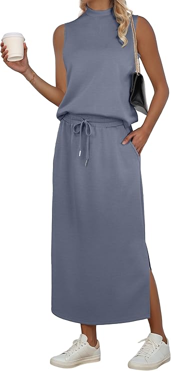 A woman in a sleeveless, high-neck blue dress with a drawstring waist and side slit, styled like trendy Skirt Sets for Women, holding a coffee cup. She pairs white sneakers with her look and carries a black handbag—now 55% off!.