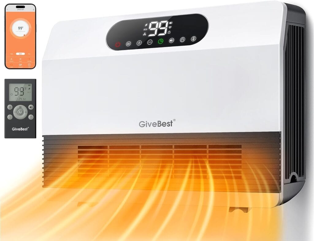 Wall-mounted white GiveBest electric heater with digital display showing temperature “99” and control panel. Remote control and app interface are also shown. Orange heat waves emit from the bottom vent.