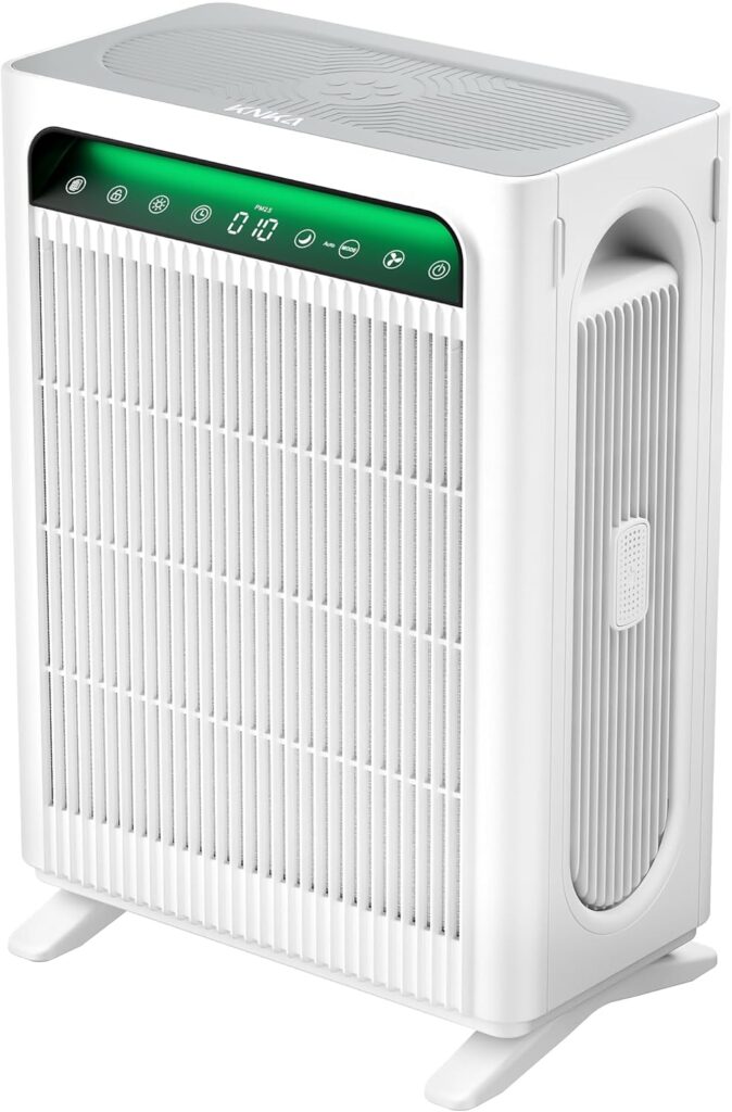 A white air purifier with a digital display and control buttons on top, large front vent, and side handles, standing on two feet.
