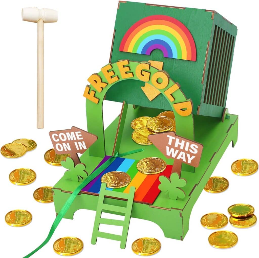 A green box with gold coins and a rainbow and a ladder.