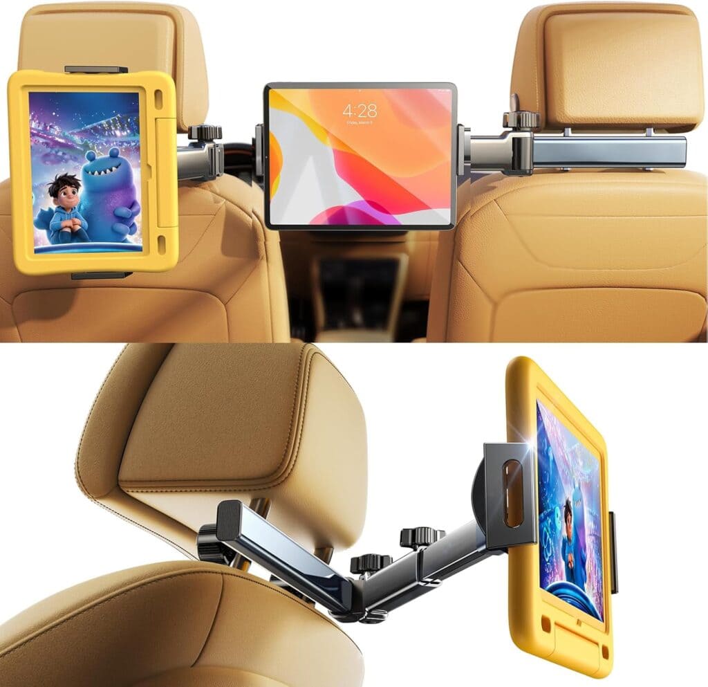 A car headrest mount holding two tablets between the front seats. One tablet displays a cartoon, the other shows a colorful screen. The mount is adjustable and attaches to both headrests for backseat viewing.