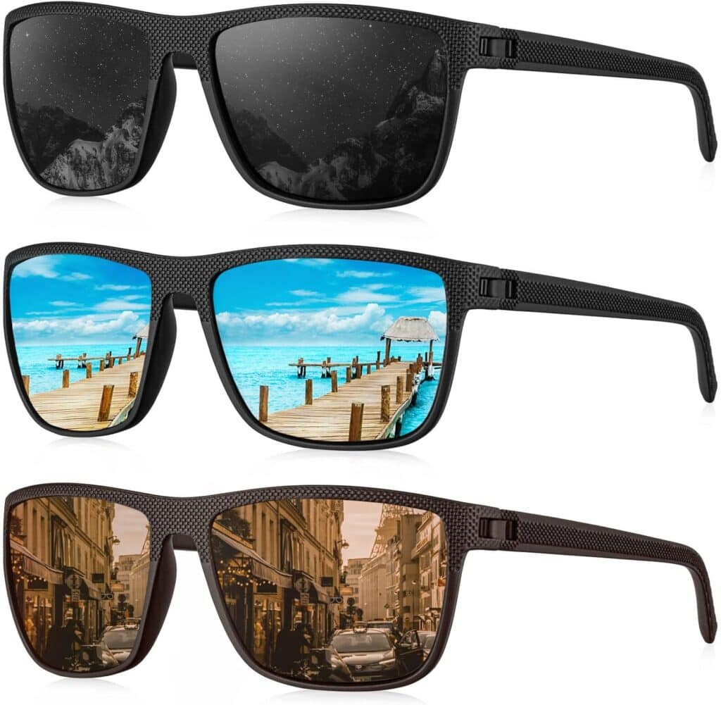 Three pairs of black sunglasses, each reflecting a different scene in the lenses: snowy mountains at night, a sunny beach with a wooden pier, and a busy city street with buildings and cars.