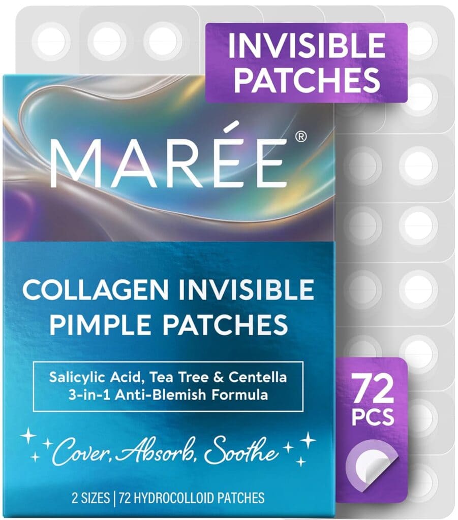 A box of Marée Collagen Invisible Pimple Patches labeled "72 pcs" with 3-in-1 anti-blemish formula, containing salicylic acid, tea tree, and centella. Behind the box are clear circular patches in a plastic sheet.