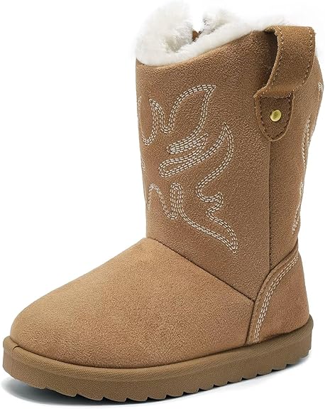 A single tan suede boot with a flat rubber sole, decorative white stitching on the side, a pull tab at the top, and a soft white fleece lining visible at the opening.