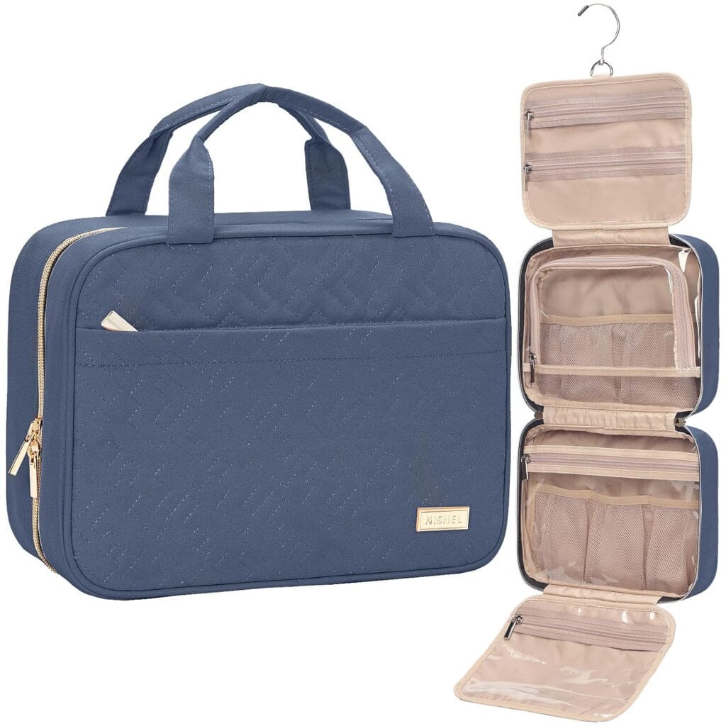 A blue travel toiletry bag with handles and a gold zipper is shown closed on the left. On the right, the bag is open and hanging, displaying multiple beige zippered and mesh compartments.