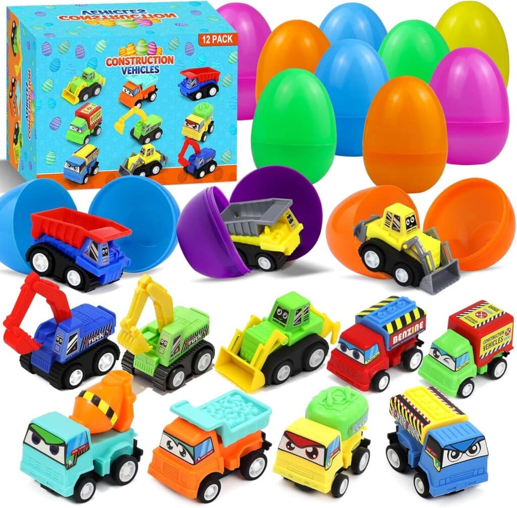 A set of colorful plastic eggs, each containing a small toy construction vehicle. The vehicles include dump trucks, cement mixers, and excavators. The packaging displays the toys and vibrant eggs, labeled as a 12-pack.