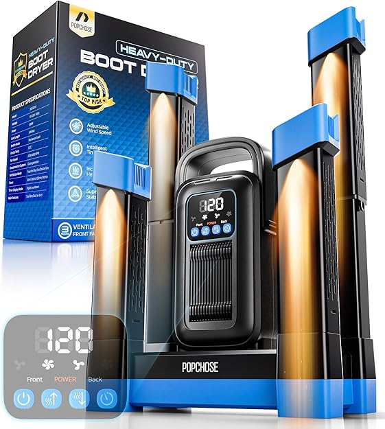 A black and blue POPCHOSE heavy-duty boot dryer with four heated drying tubes, digital display, and control buttons, shown with its packaging box and an overlay of its LED screen and settings.