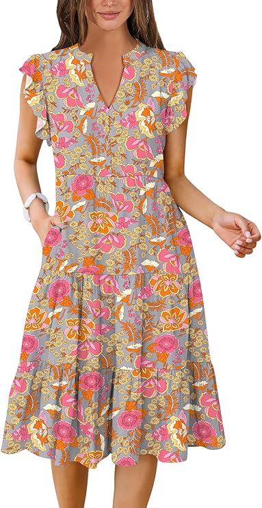 Woman wearing a short-sleeve, knee-length dress with a colorful floral pattern in shades of pink, orange, and yellow on a light gray background. The dress has a V-neck and ruffled sleeves.