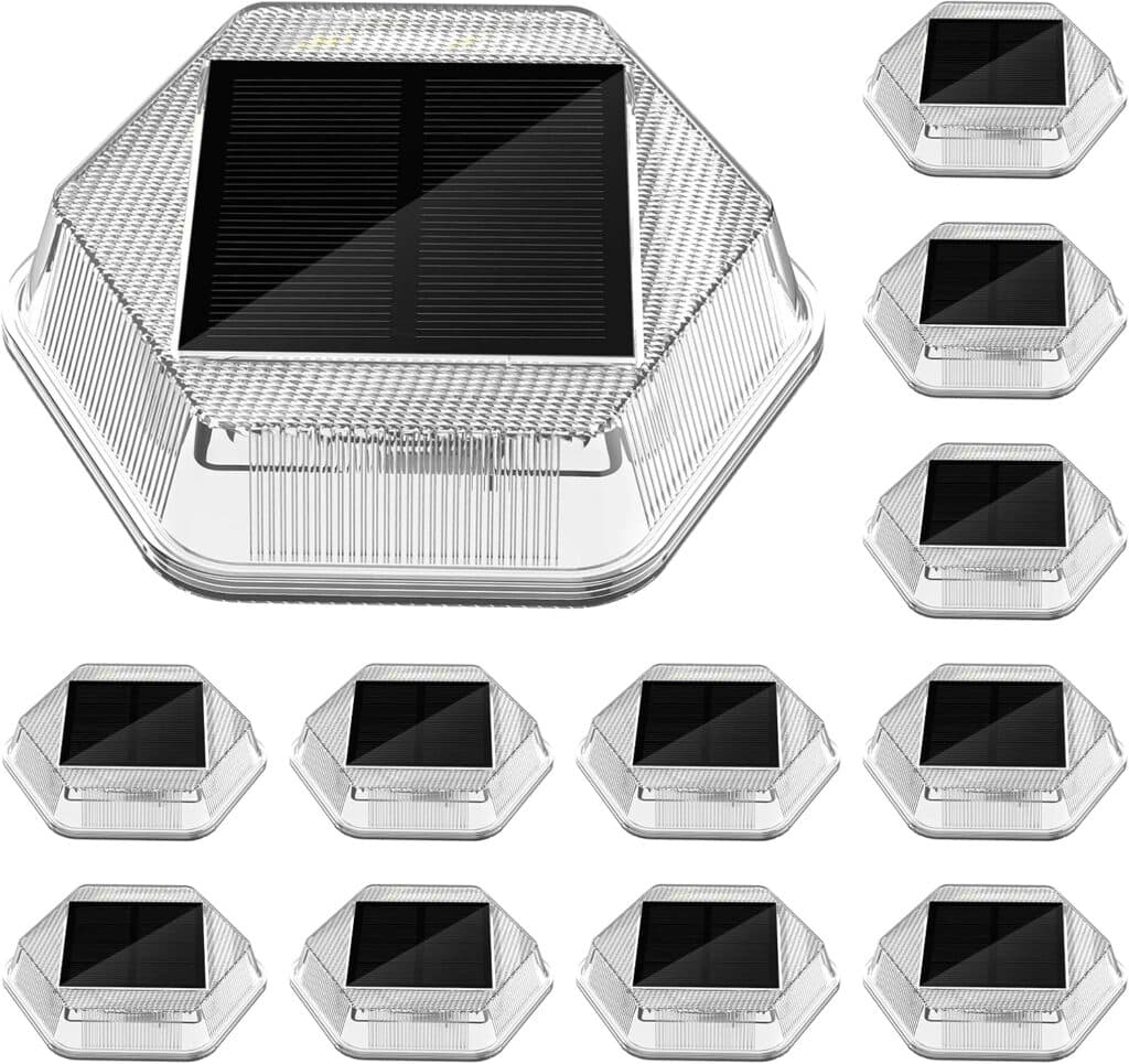 A set of twelve hexagonal solar-powered LED lights with a textured, transparent casing and a black solar panel on top, arranged in rows on a white background.
