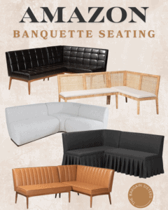 A collage showing five different styles of banquette seating, including leather, rattan, fabric, and upholstered designs in various colors—perfect inspiration for moms—featuring the text "Amazon Banquette Seating" at the top.