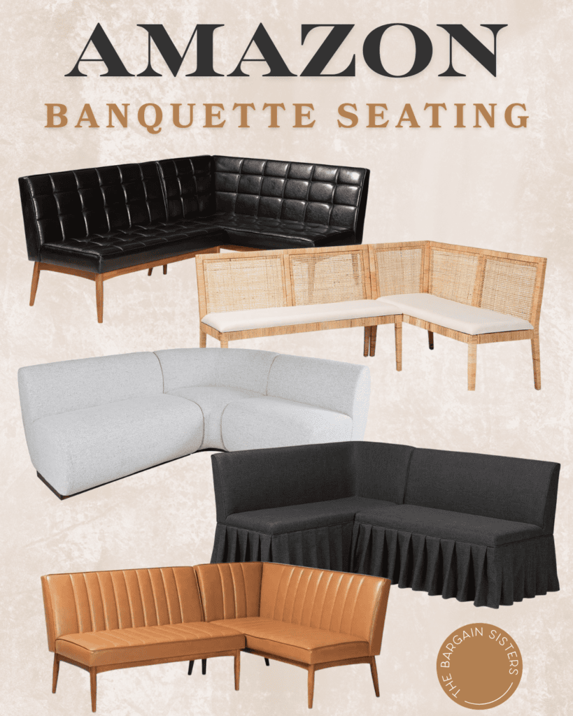 A collage showing five different styles of banquette seating, including leather, rattan, fabric, and upholstered designs in various colors—perfect inspiration for moms—featuring the text "Amazon Banquette Seating" at the top.