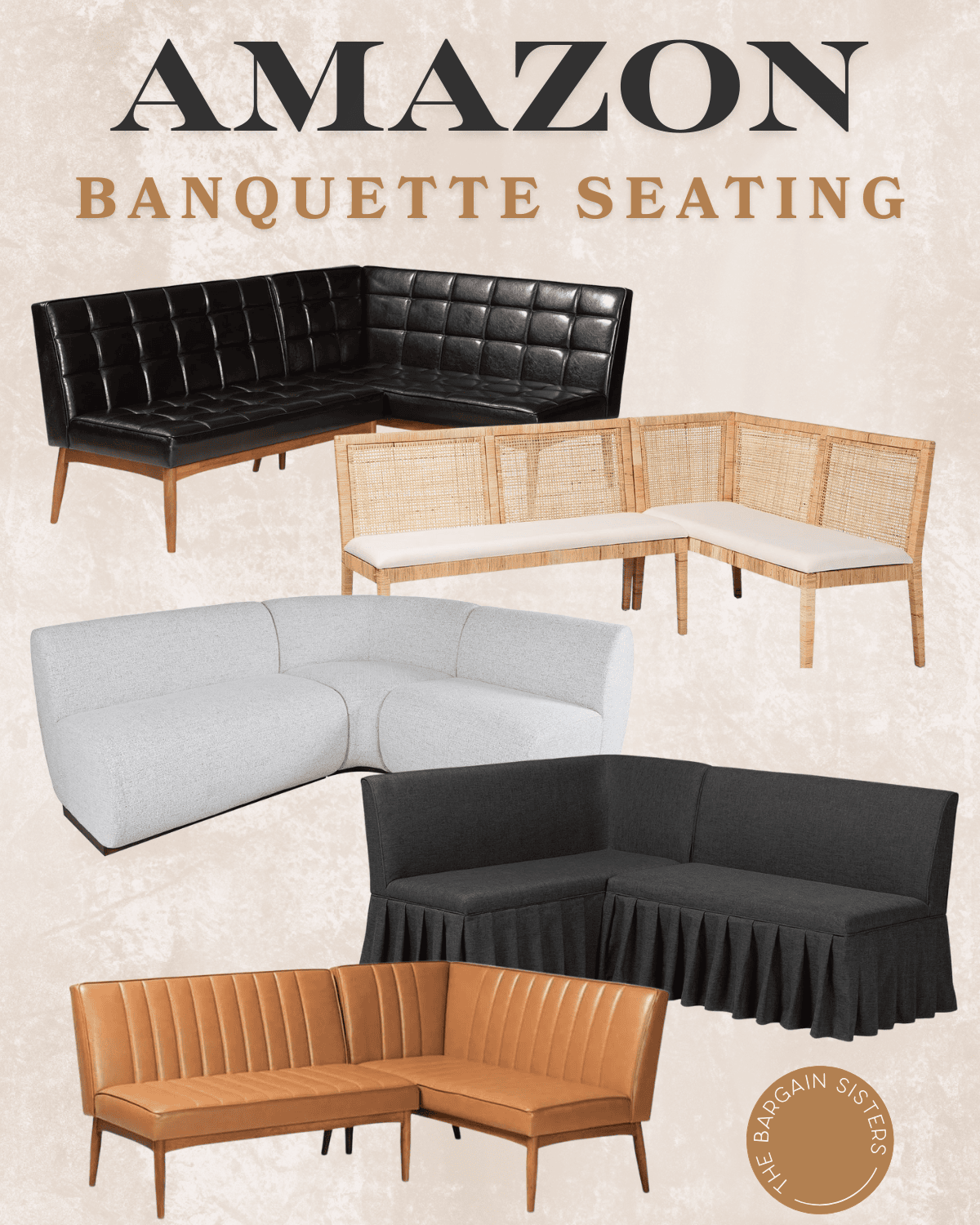 A collage showing five different styles of banquette seating, including leather, rattan, fabric, and upholstered designs in various colors—perfect inspiration for moms—featuring the text "Amazon Banquette Seating" at the top.