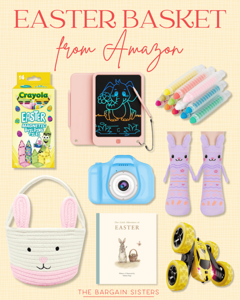 Easter basket gift ideas from Amazon for moms and kids, including Crayola coloring activity, LCD drawing tablet, reusable cake candle holder, blue camera, bunny socks, bunny basket, Easter book, and a yellow remote-control car.