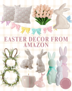 Collage of Easter decor: bunny pillows, pink tulips, pastel garlands, bunny wreath, ceramic bunnies, reusable cake candle holder, bunny candles, and pastel figures—perfect for moms. Text: "Easter Decor from Amazon.