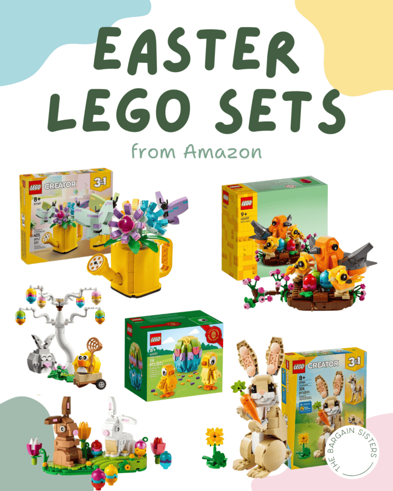 Colorful promotional graphic featuring various Easter-themed LEGO sets, perfect for moms, with boxes and assembled models like flowers, a bunny, chicks, and an egg tree. Text reads "Easter Lego Sets from Amazon" at the top.