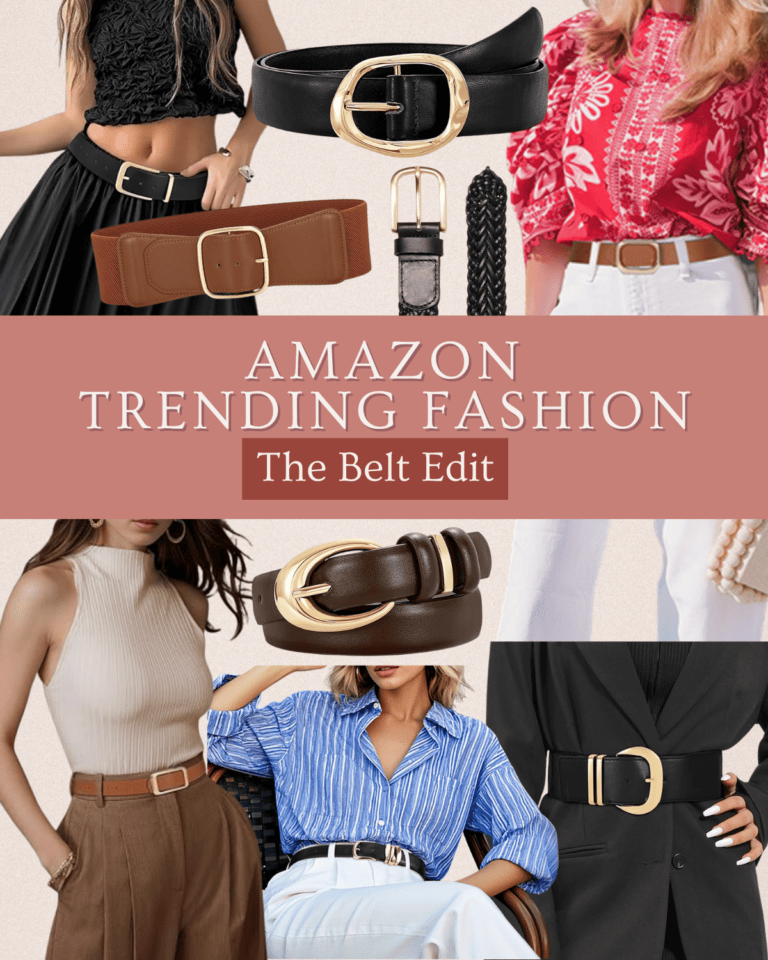 A collage showcasing moms modeling different trending belts from Amazon, featuring various styles and colors, with the text “Amazon Trending Fashion: The Belt Edit” in the center.