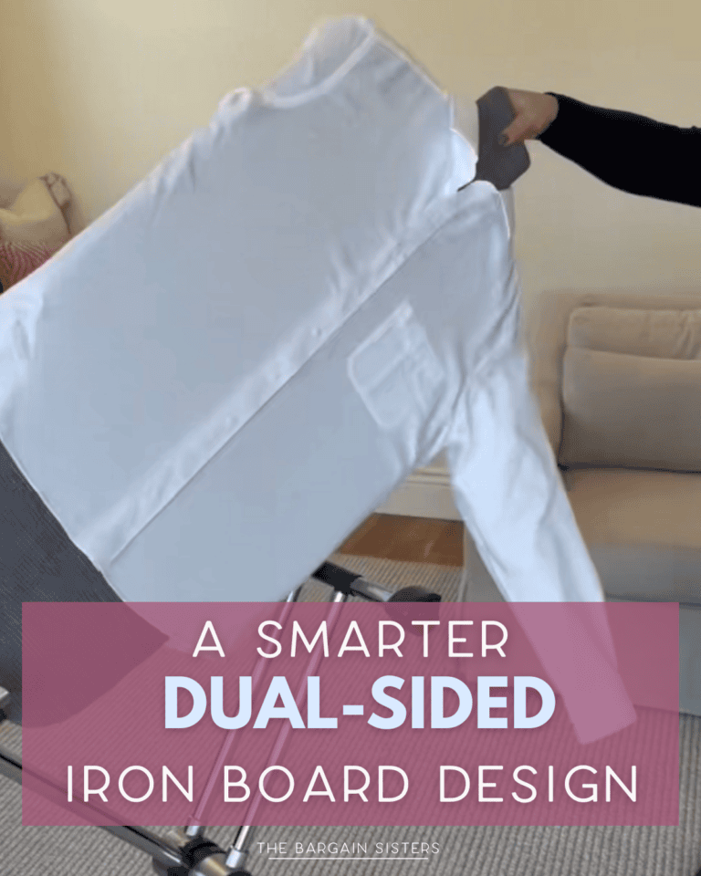 A person places a white dress shirt onto a dual-sided ironing board in a living room. Text overlay reads: "A smarter dual-sided iron board design for busy moms.