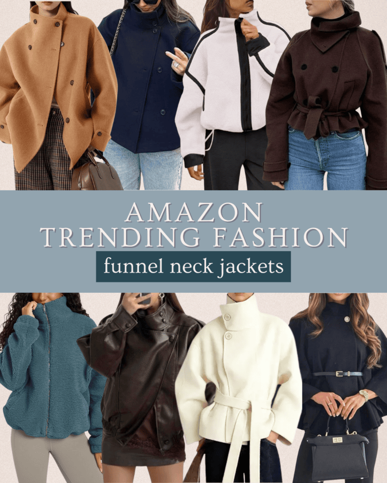 A collage of moms modeling various funnel neck jackets in different colors and styles, with the text "Amazon Trending Fashion: funnel neck jackets" in the center.