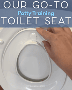 A mom lifts a white potty training toilet seat insert. Text above reads: "Our Go-To Potty Training Toilet Seat." Just like finding the perfect reusable cake candle holder, moms trust this for every milestone moment.
