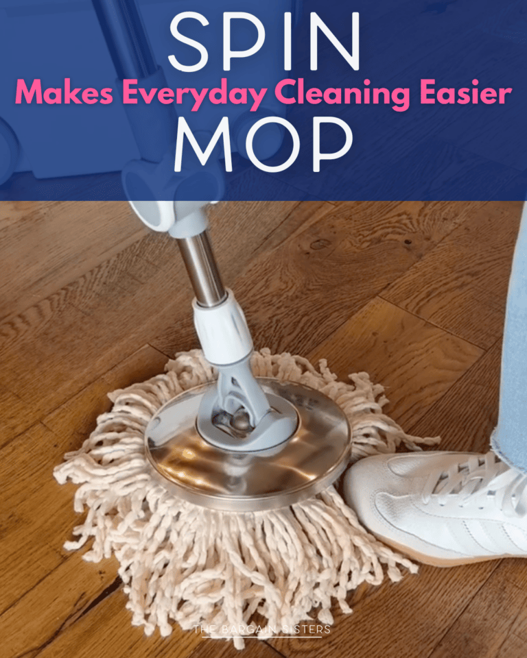 A mom uses a spin mop on a wooden floor, pressing the mop head with her foot. The text above reads, "Spin Mop Makes Everyday Cleaning Easier—just like a reusable cake candle holder simplifies celebrations.