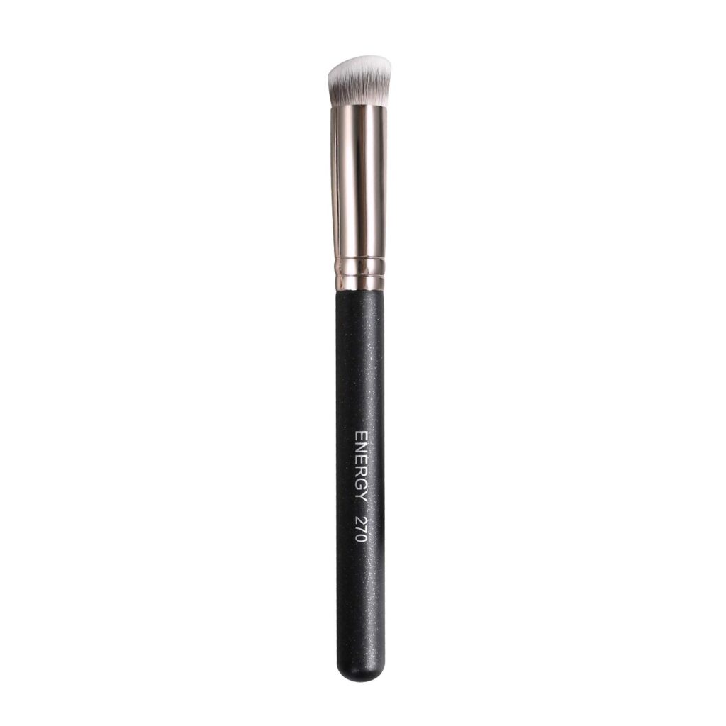 A makeup brush with a black handle labeled "ENERGY 270" and a metallic ferrule, featuring densely packed, angled white bristles.