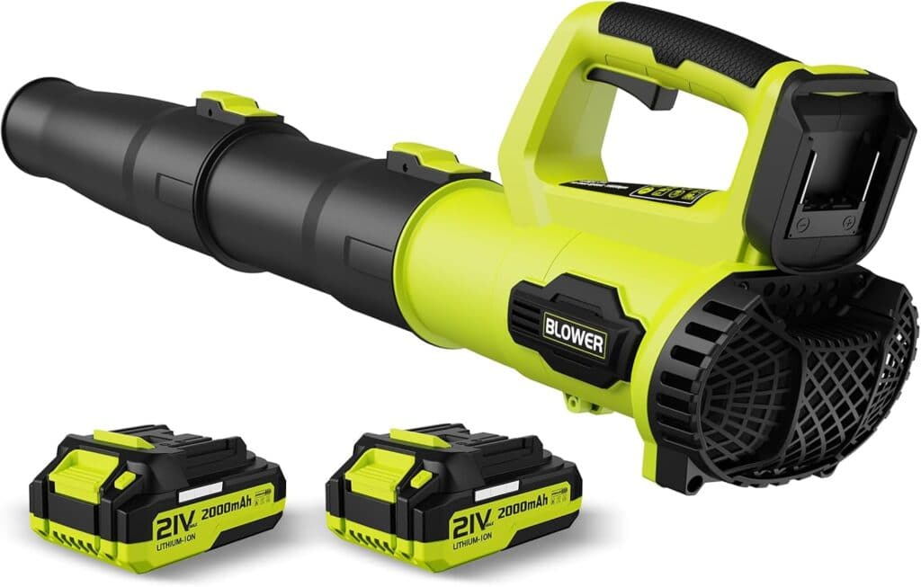 A yellow and black cordless leaf blower with two rechargeable 21V lithium batteries displayed in front of it. The blower has a labeled handle and a wide nozzle.