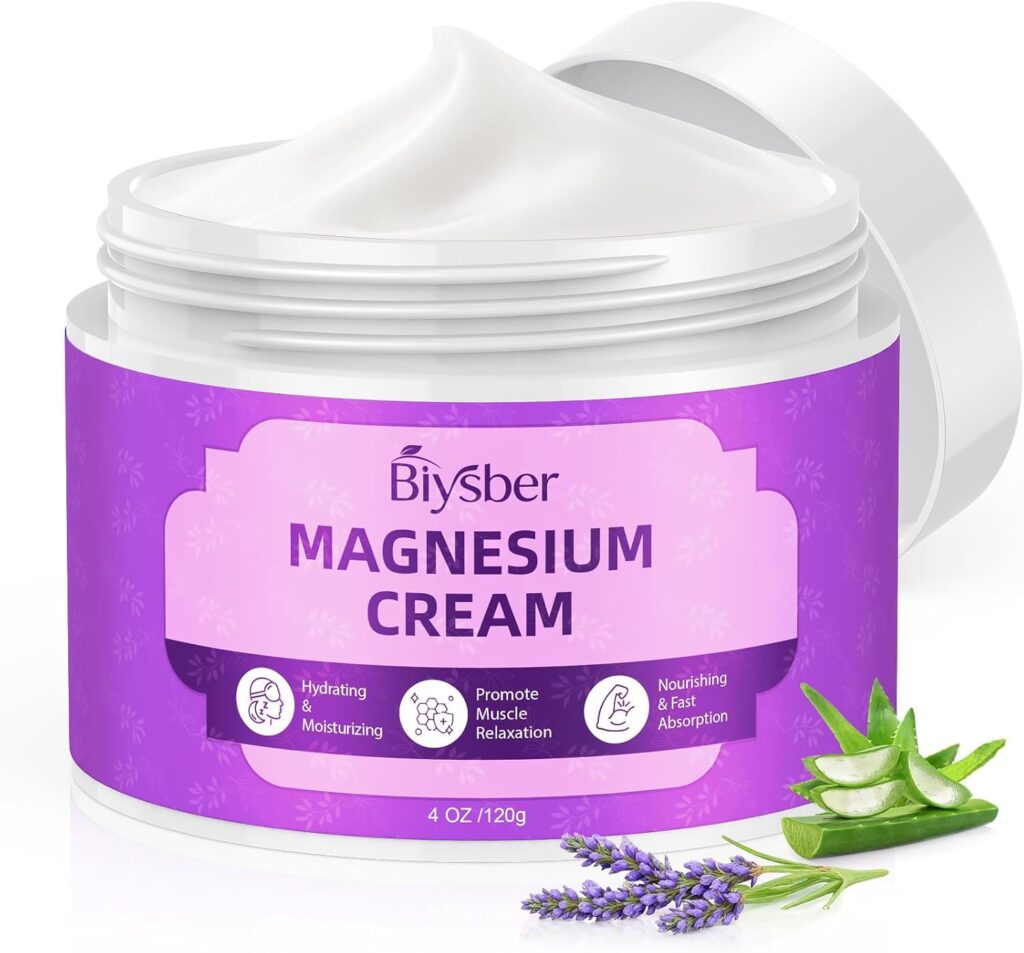 An open jar of Biysber Magnesium Cream with a white lid, showing creamy white lotion inside. The purple label highlights benefits like moisturizing, muscle relaxation, and fast absorption. Aloe and lavender are displayed in front.
