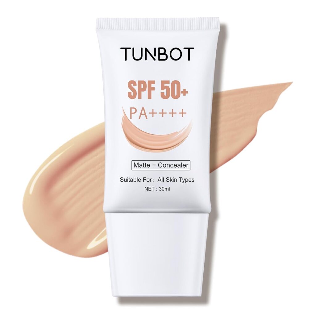 A tube labeled "TUNBOT SPF 50+ PA++++ Matte + Concealer" stands in front of a beige concealer smear. The tube indicates it is suitable for all skin types and contains 30ml.