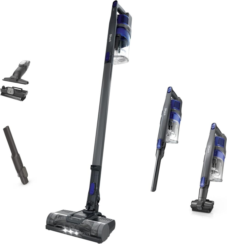 A cordless stick vacuum cleaner with interchangeable attachments, shown in both upright and handheld configurations. Various accessories are displayed, including a brush, crevice tool, and small nozzle.