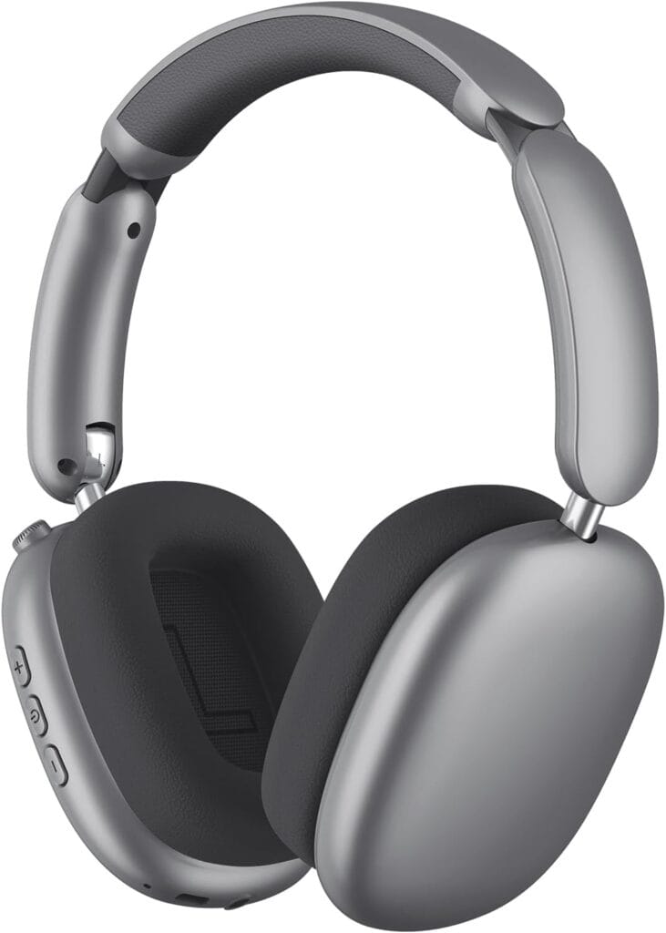 Silver over-ear wireless headphones with large cushioned ear cups and an adjustable, padded headband. Buttons and controls are visible on one ear cup. The design is sleek and modern.