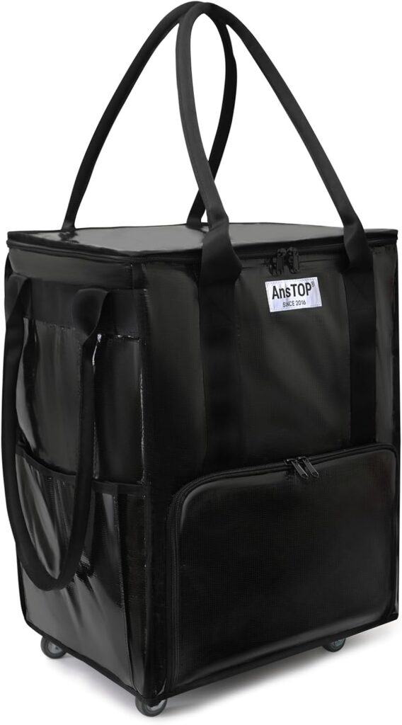 A black insulated rolling cooler bag with long handles, side pockets, a front zippered pocket, and a label reading "AnsTOP." The bag stands upright on four wheels.