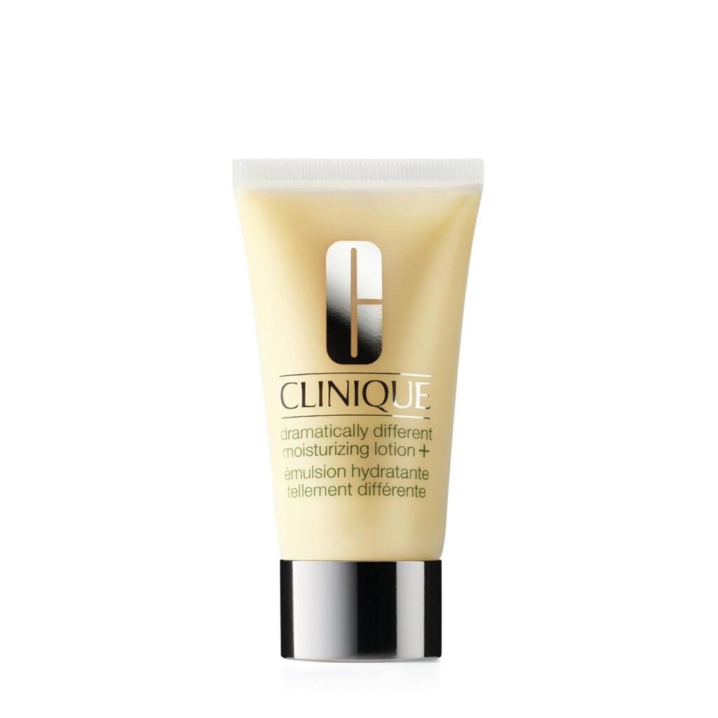 A tube of Clinique Dramatically Different Moisturizing Lotion+ with a white cap, cream-colored body, and silver Clinique logo, photographed on a white background.