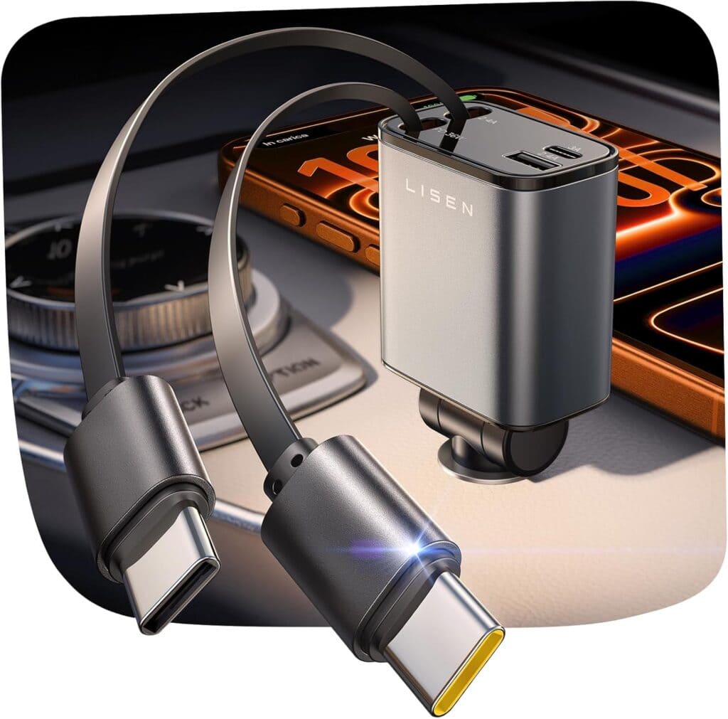 A metallic Lisen car charger with two USB-C cables is shown plugged into a car dashboard with a close-up view, alongside a smartphone with bright orange icons.