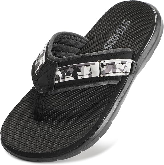 A black flip-flop sandal with a textured sole and a padded thong strap featuring a gray, white, and black camouflage pattern accent.