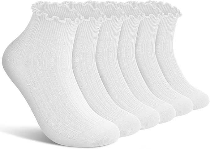 Six pairs of white ankle socks with ribbed texture and ruffled edges arranged in a row on a plain background.