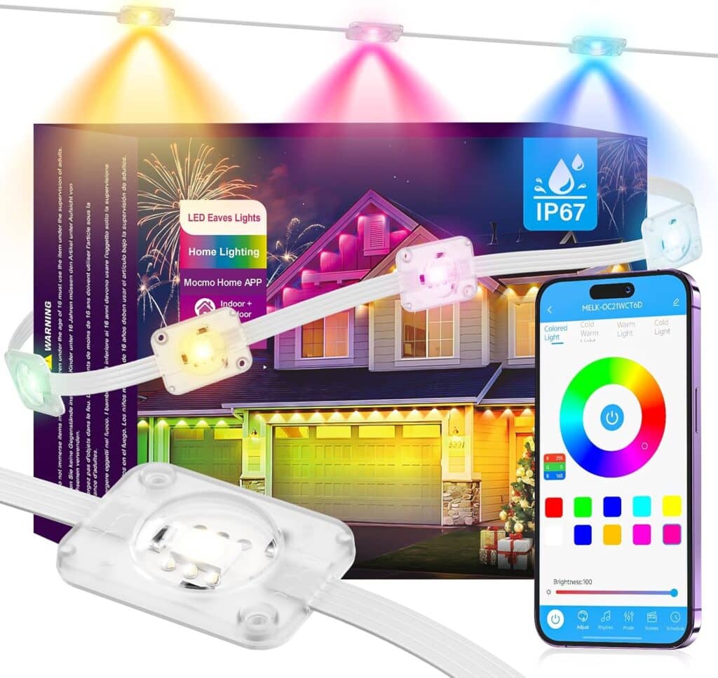 Colorful LED eaves lights and controller are shown. A smartphone displays the lighting app, while the box shows a house decorated with vibrant lights. The IP67 water resistance symbol is visible.