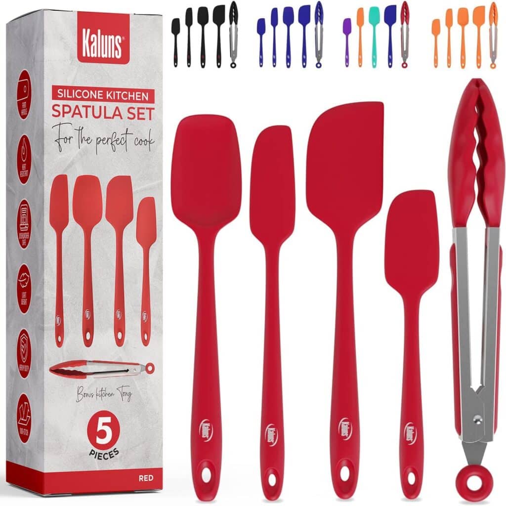 Box and five-piece red silicone kitchen spatula set with tongs, plus ten small spatulas in various colors shown above. Box reads "Kalluns Silicone Kitchen Spatula Set for the perfect cook, 5 pieces, Red.