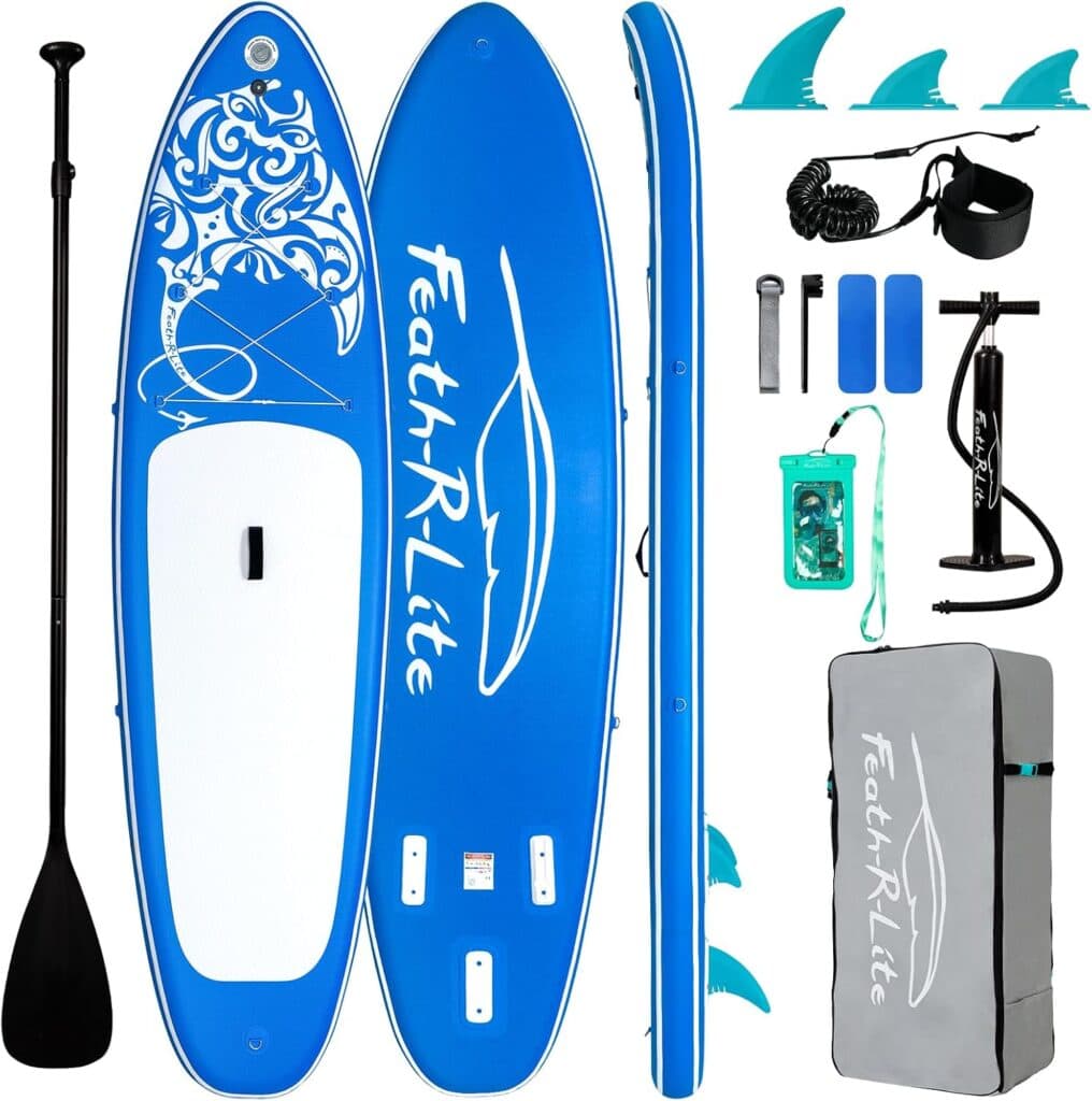 Blue and white inflatable stand up paddle board kit with paddle, three fins, pump, repair tools, ankle leash, waterproof phone case, and gray carrying backpack. Board features white deck and blue design with "Feath-R-Lite" logo.