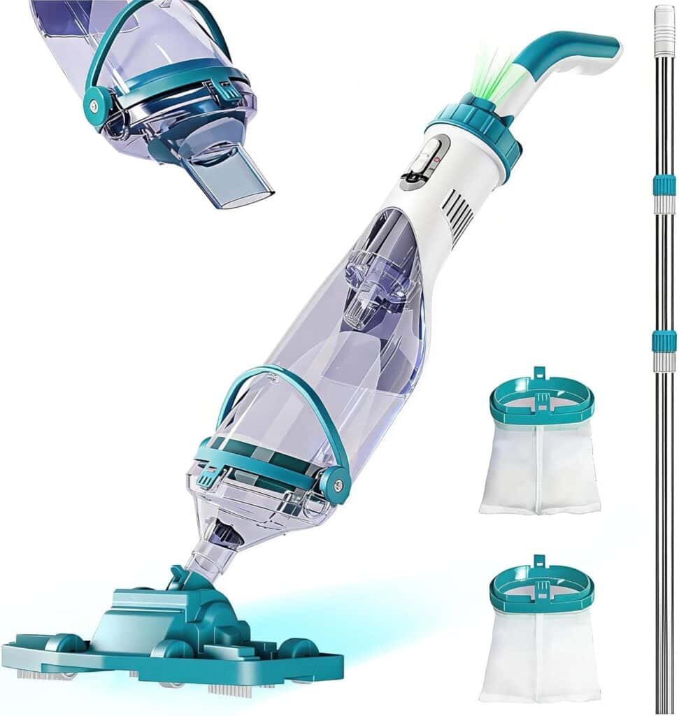A cordless pool vacuum cleaner with a transparent body, teal accents, extension pole, nozzle attachment, and two white filter bags shown separately.