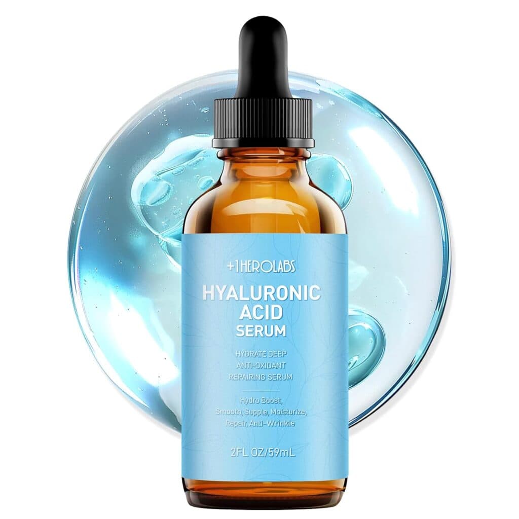 A brown glass dropper bottle labeled "Hyaluronic Acid Serum" with a blue label, placed in front of a circular background featuring a glossy, clear blue gel texture.
