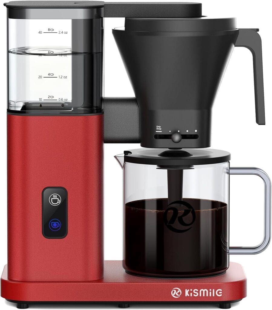 Red and black electric coffee maker with a transparent water tank, a filter cone, and a glass carafe filled with coffee, featuring the KisMilG logo on the base and carafe.