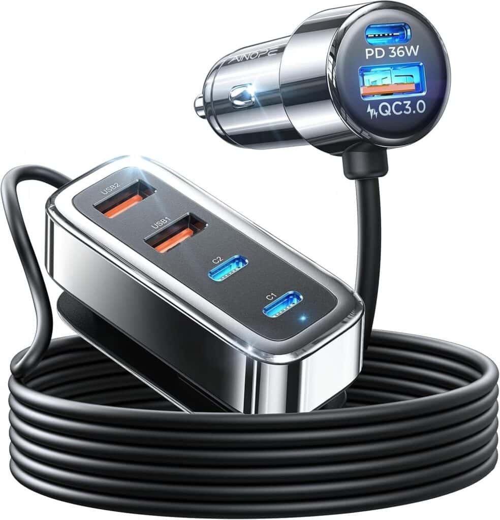 A car charger with a coiled black cable, featuring two USB-A and two USB-C ports, and labeled with "PD 36W" and "QC3.0" for fast charging capabilities. The design is metallic and modern.