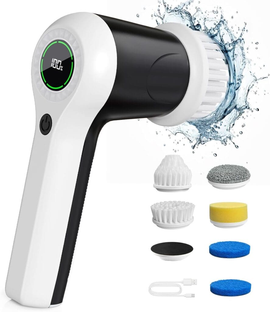 Electric cleaning brush with digital display, shown spraying water. Includes five interchangeable brush and sponge heads, a pumice stone, and a USB charging cable, all arranged neatly beside the main device.