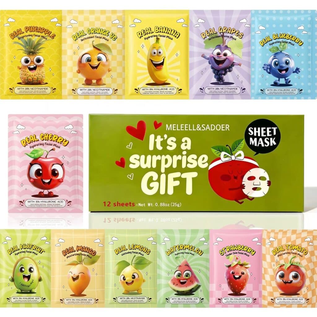 A set of colorful sheet mask packages featuring cute cartoon fruits, including pineapple, orange, banana, grapes, blueberry, cherry, avocado, lemon, apple, and strawberry. The box in the center reads, "It's a surprise GIFT.