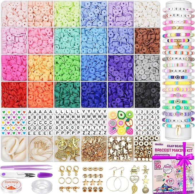 A bracelet making kit with colorful clay beads organized by color, alphabet and number beads, charms, jewelry findings, tools, string, and sample bracelets. The kit also includes a box and is neatly arranged for crafting.