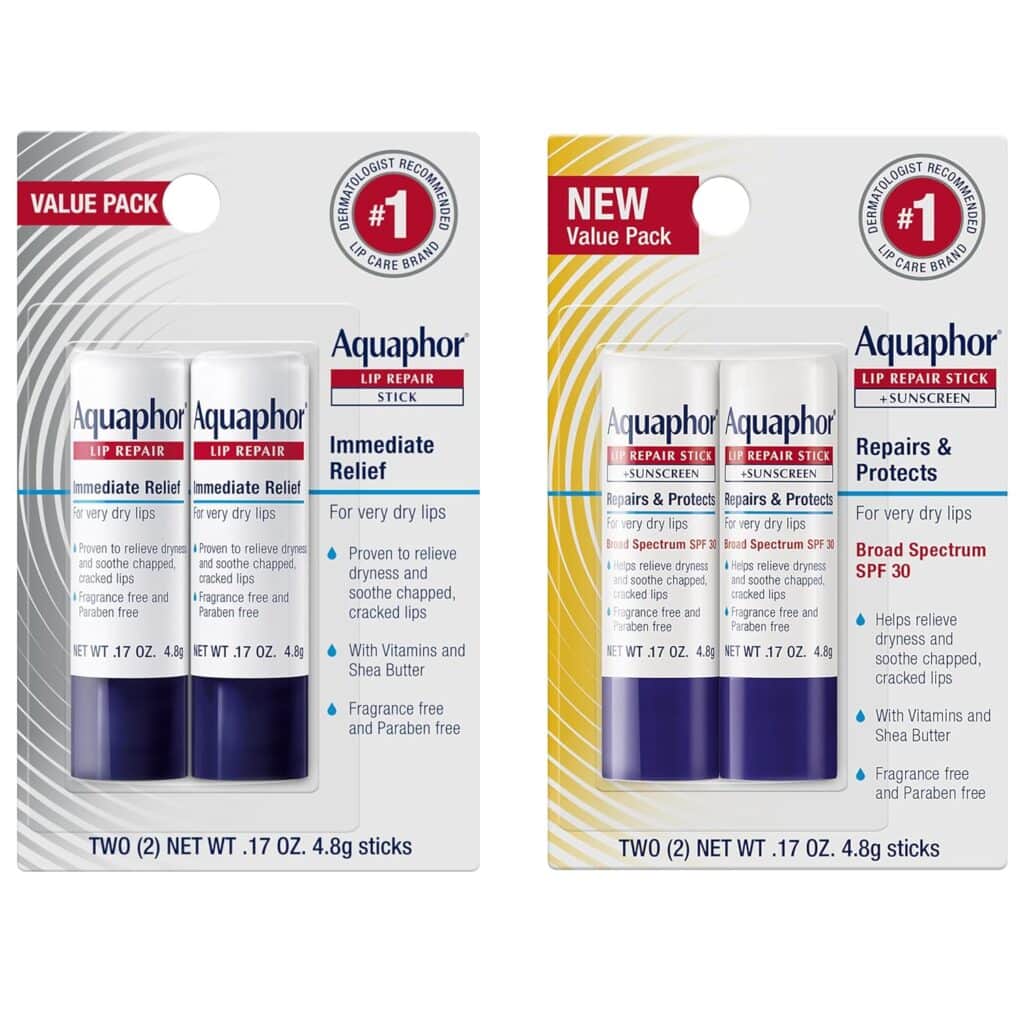 Two Aquaphor Lip Repair Stick value packs in packaging. The left pack is labeled "Immediate Relief," and the right is "Repairs & Protects" with SPF 30. Both show two lip balm sticks each and feature “#1 Dermatologist Recommended” badges.